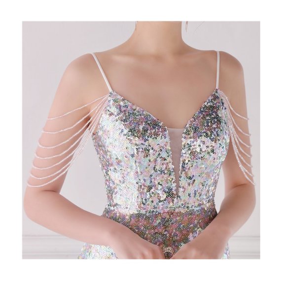 Formal White Silver Evening Gown Sequin Glitter Dress Off Shoulder Ball Gown - Picture 4 of 7